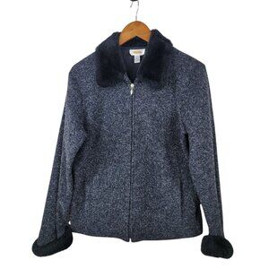 Talbots Fleece Sweatshirt Jacket Medium  Coat Zip Up Gray Black Faux Fur Collar